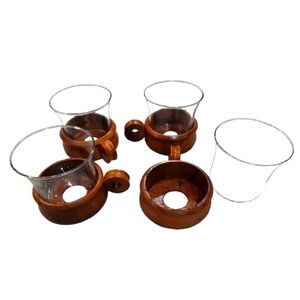 1960s Mid Century Glass Tumblers with Teak Holders – Set of 4